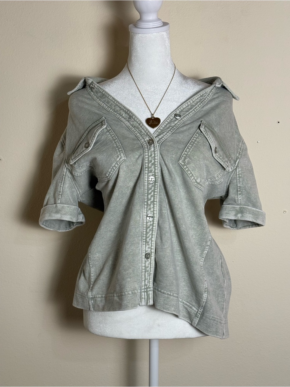 Casual Washed Sage Button-Up Top